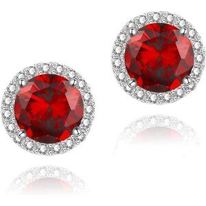Women's Round Red Birthstone Elegant Mall Dainty Halo Cubic Zirconia Earring